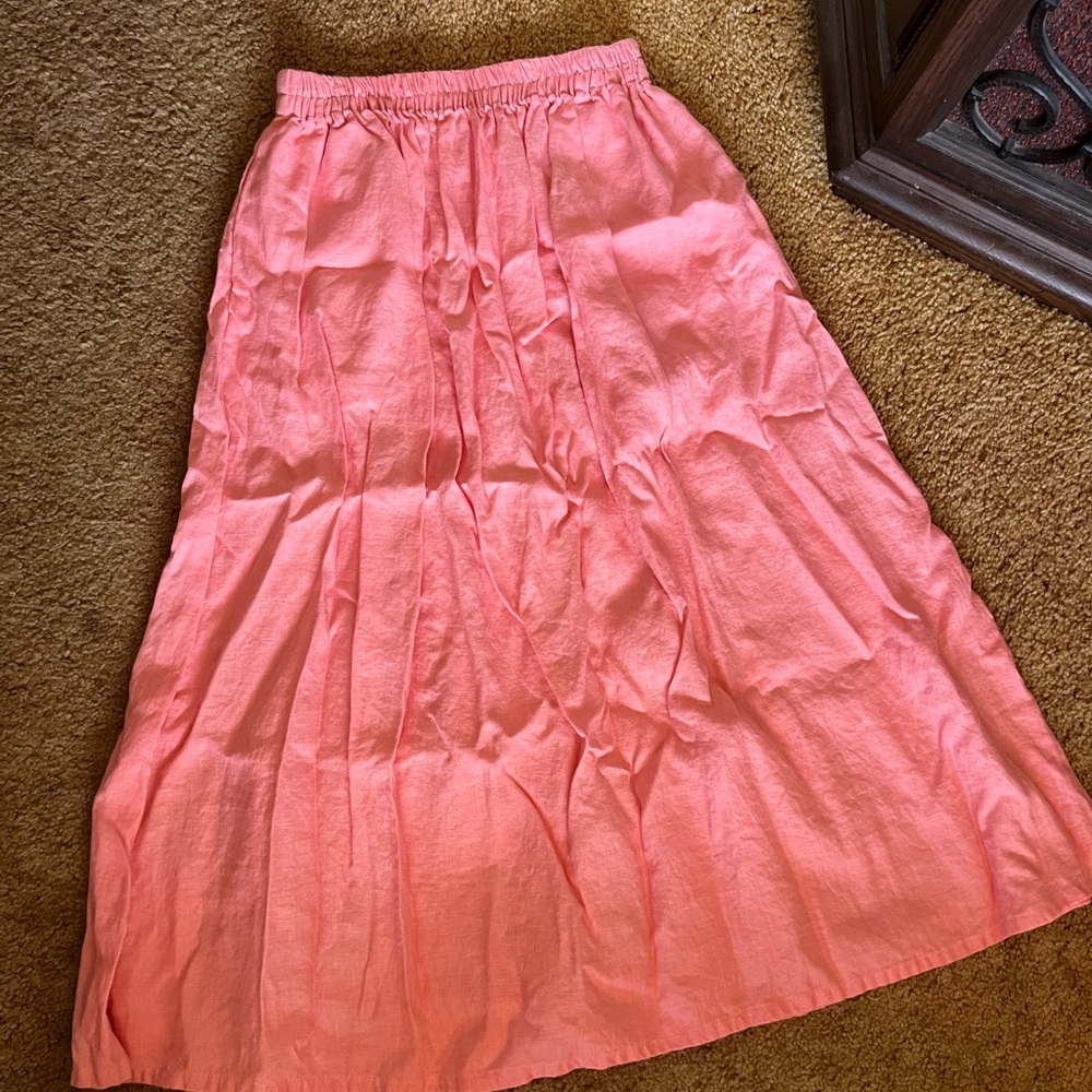 Women's Pink Linen Elastic-Waist Midi Skirt with Pockets